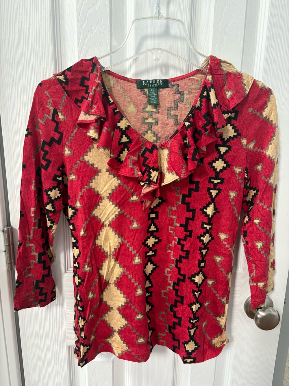 Ralph Lauren Red Aztec Ruffle V-Neck Blouse